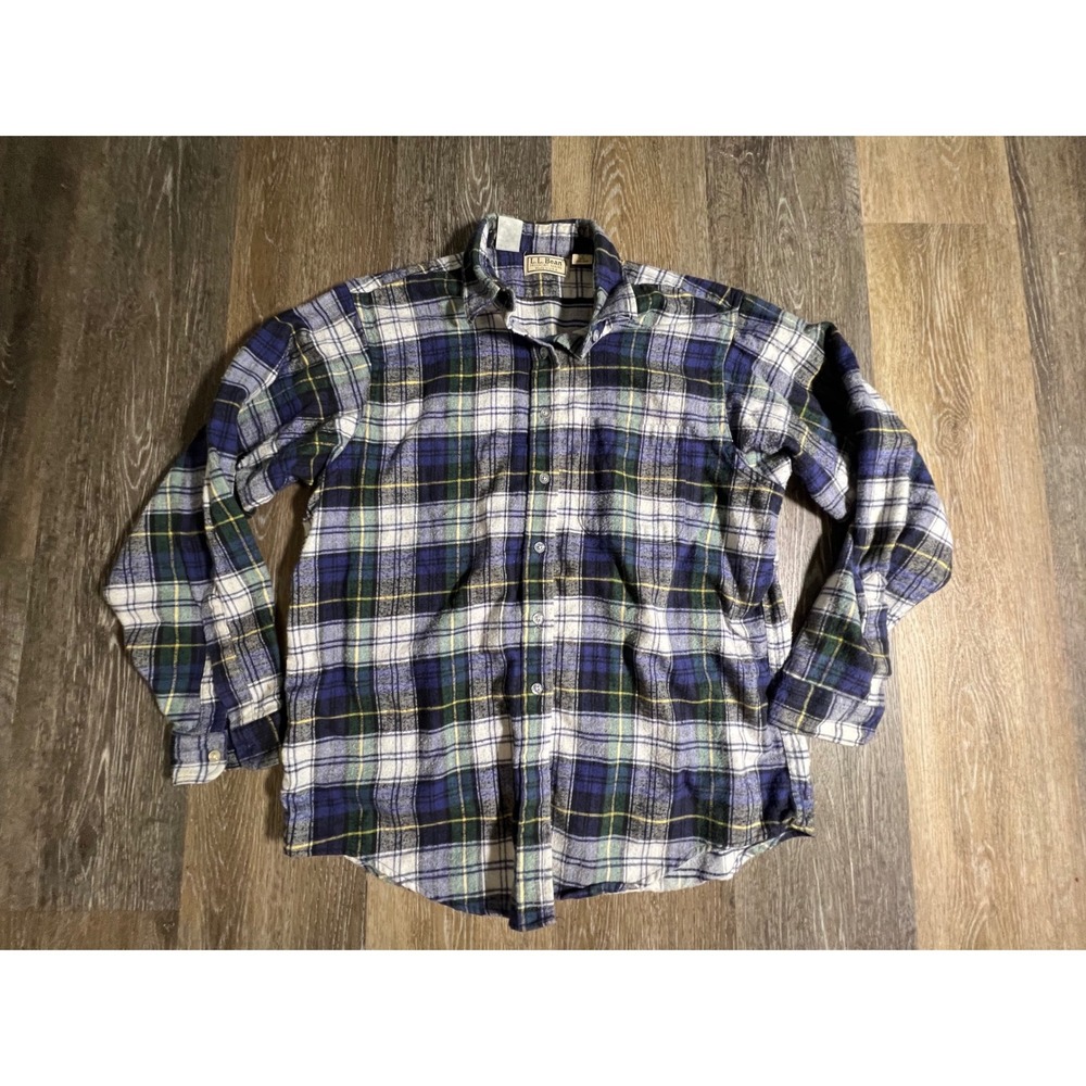 LL Bean Flannel Shirt Womens 12 Blue Plaid Made in USA Cotton Button Up